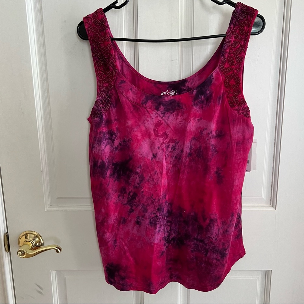 NWT Womens LORD & TAYLOR Pink Tye Dye Beaded Strap Tank Top 100% Cotton Sz Large